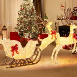 3-teiliges LED Rentier mit Schlitten Beleuchtete Rentier Weihnachtsfigur mit 280 Warmweißen LED-Lichtern