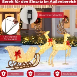 3-teiliges LED Rentier mit Schlitten Beleuchtete Rentier Weihnachtsfigur mit 280 Warmweißen LED-Lichtern