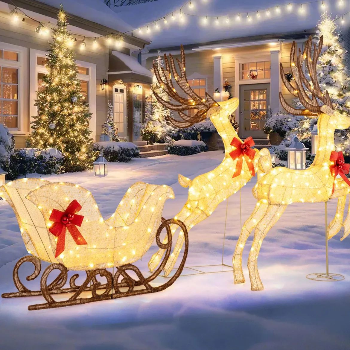 3-teiliges LED Rentier mit Schlitten Beleuchtete Rentier Weihnachtsfigur mit 280 Warmweißen LED-Lichtern