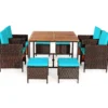 9-teiliges Möbel-Set Polyrattan Set Rattanmöbel Garten Esssitzgruppe mit Kissen Braun + Türkis