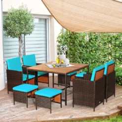 9-teiliges Möbel-Set Polyrattan Set Rattanmöbel Garten Esssitzgruppe mit Kissen Braun + Türkis