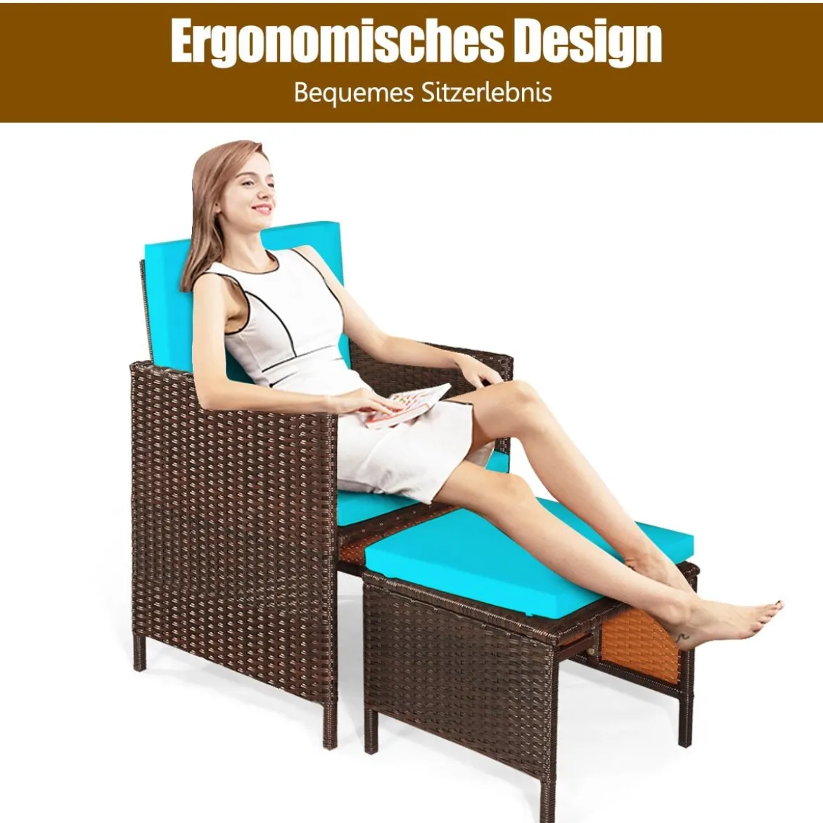 9-teiliges Möbel-Set Polyrattan Set Rattanmöbel Garten Esssitzgruppe mit Kissen Braun + Türkis