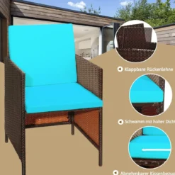 9-teiliges Möbel-Set Polyrattan Set Rattanmöbel Garten Esssitzgruppe mit Kissen Braun + Türkis