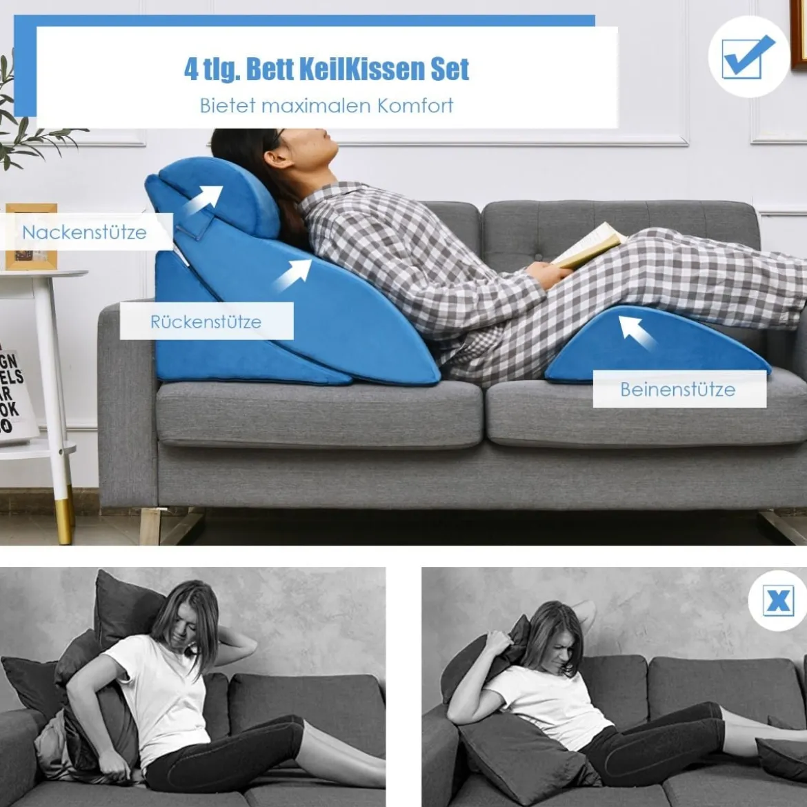 4-teiliges orthopädische Kissen-Set einstellbare Neigungskissen Blau