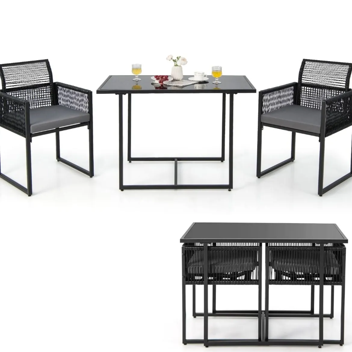 3-Teiliges Outdoor-Dining-Set mit Klappbarer Rückenlehne & Sitzkissen Terrassenmöbel-Set