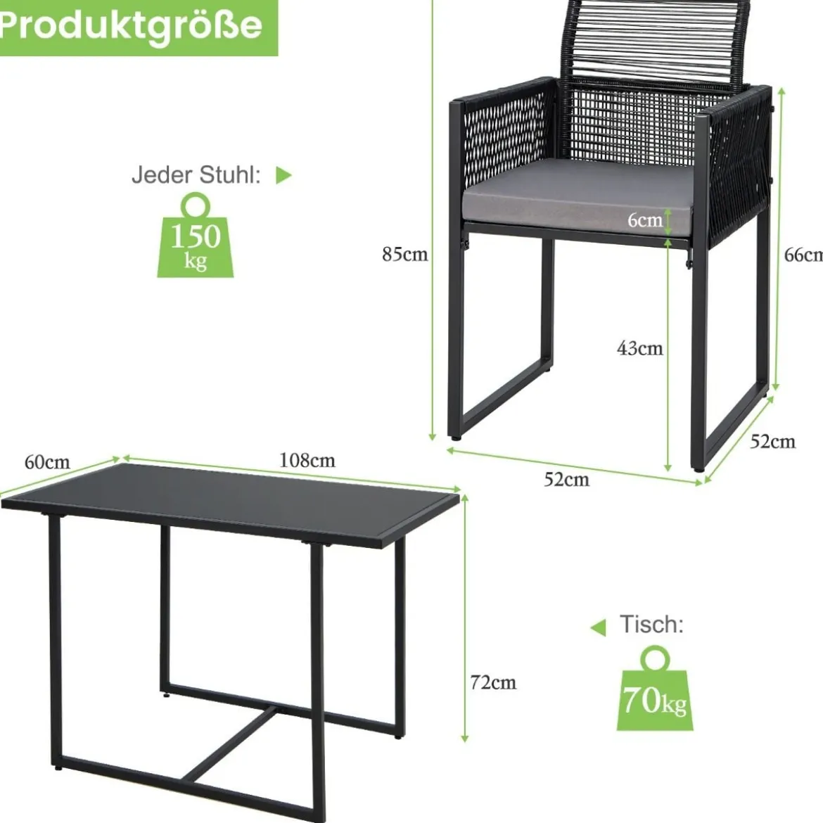 3-Teiliges Outdoor-Dining-Set mit Klappbarer Rückenlehne & Sitzkissen Terrassenmöbel-Set