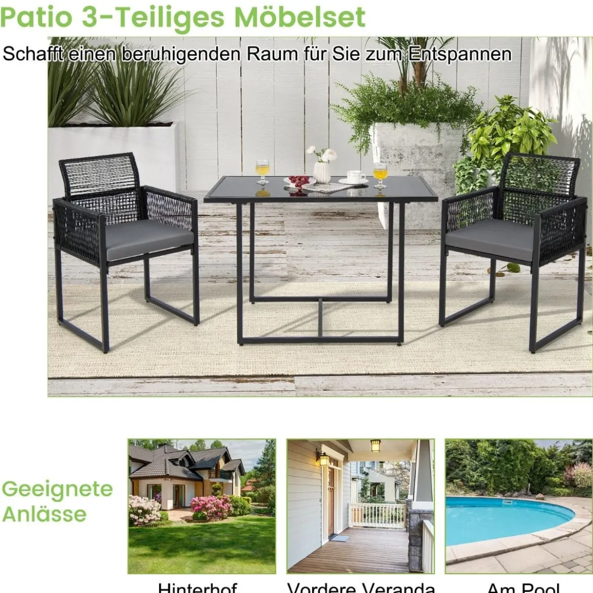 3-Teiliges Outdoor-Dining-Set mit Klappbarer Rückenlehne & Sitzkissen Terrassenmöbel-Set