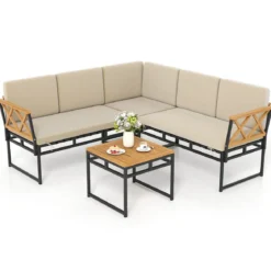 4-teiliges Outdoor Ecksofa-Set L-förmiges Gesprächsset mit Kissen & Sitzfläche Gartenmöbel Beige