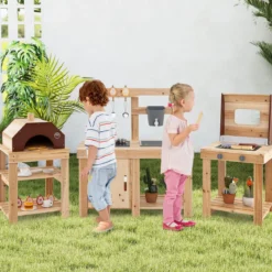 3-teiliges Outdoor-Küchenset Matschküche aus Holz BBQ-Grill und Pizzaofen mit Wasserkasten