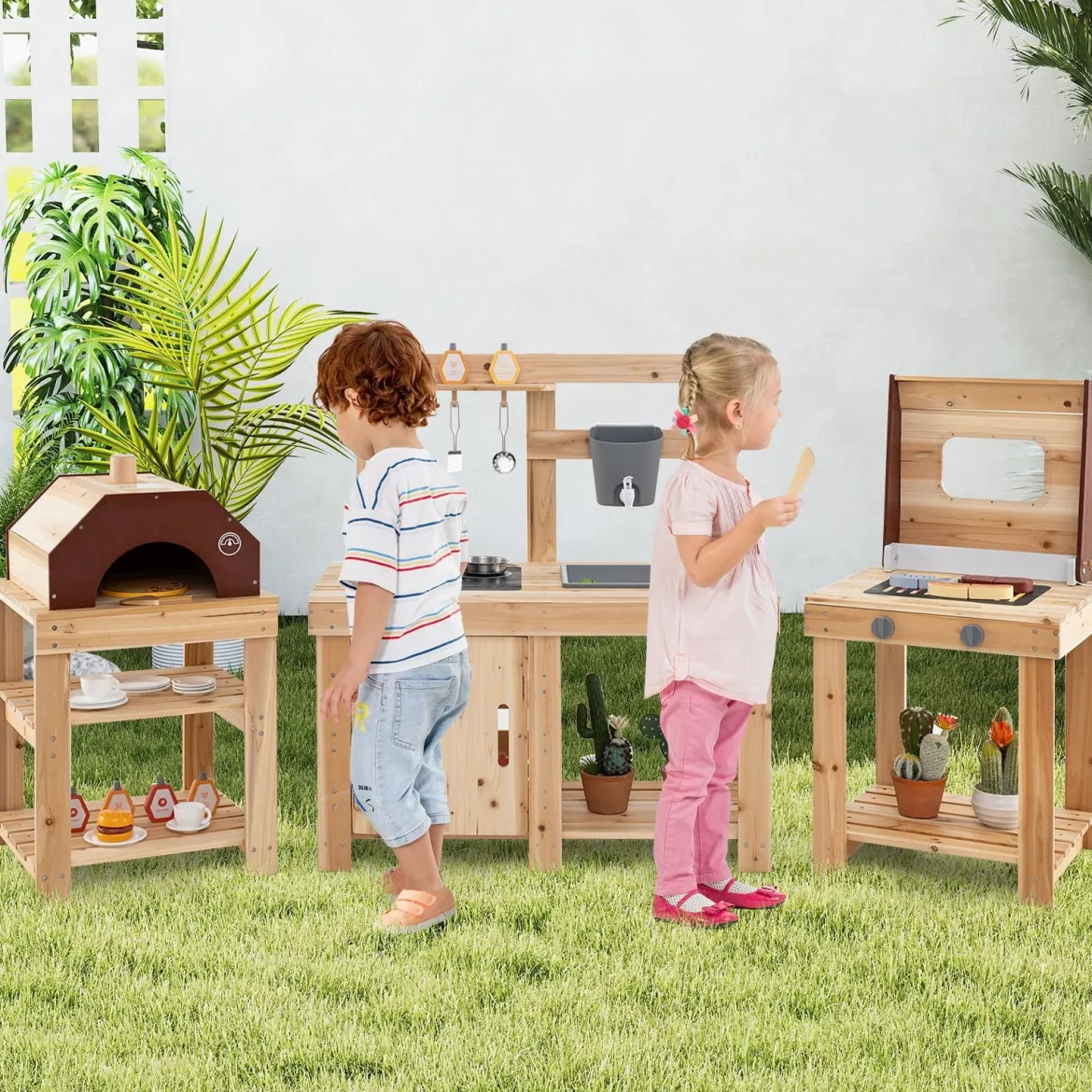 3-teiliges Outdoor-Küchenset Matschküche aus Holz BBQ-Grill und Pizzaofen mit Wasserkasten