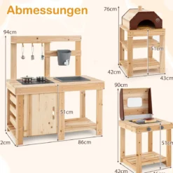 3-teiliges Outdoor-Küchenset Matschküche aus Holz BBQ-Grill und Pizzaofen mit Wasserkasten
