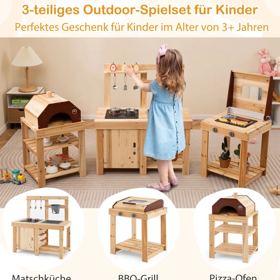 3-teiliges Outdoor-Küchenset Matschküche aus Holz BBQ-Grill und Pizzaofen mit Wasserkasten