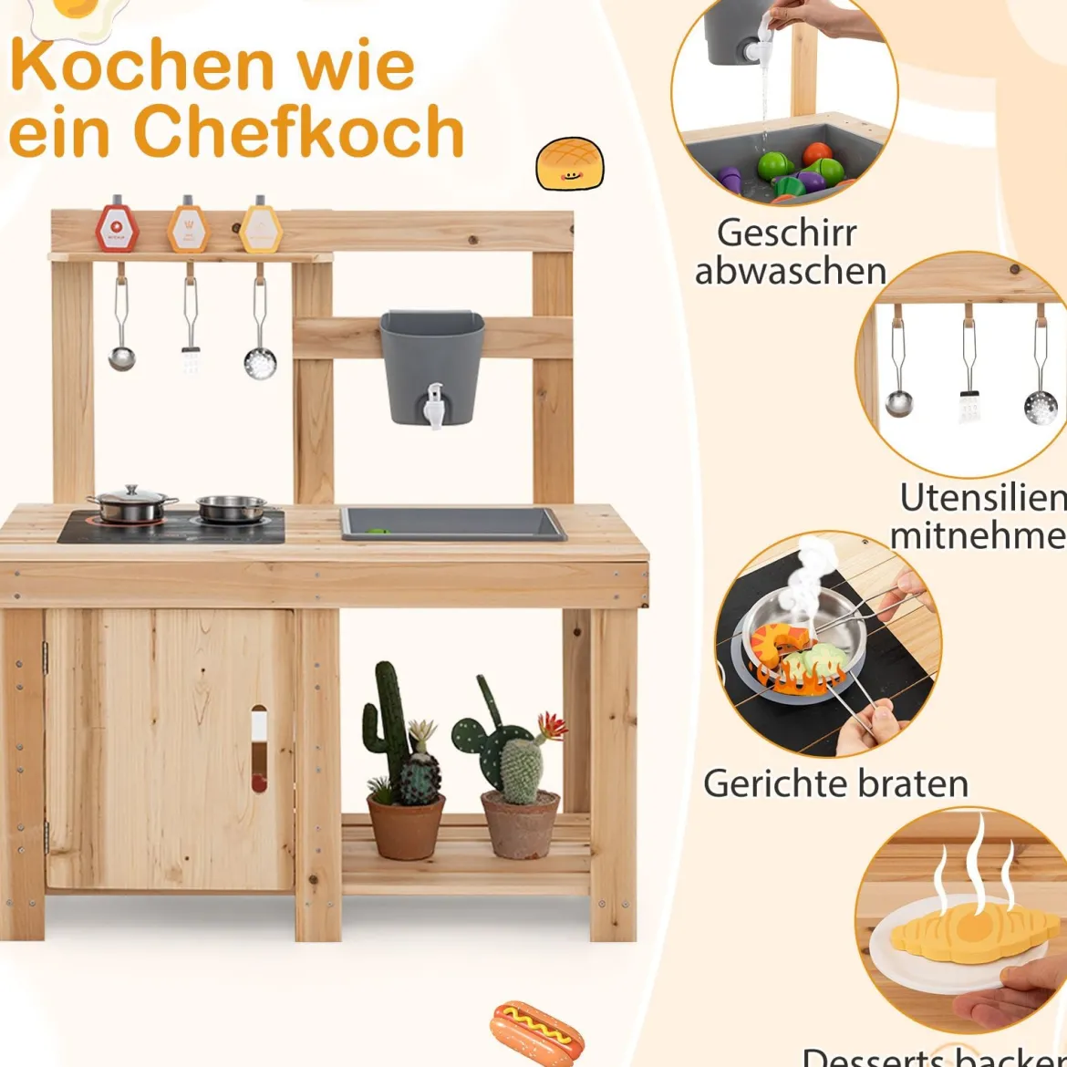 3-teiliges Outdoor-Küchenset Matschküche aus Holz BBQ-Grill und Pizzaofen mit Wasserkasten