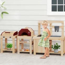 3-teiliges Outdoor-Küchenset Matschküche aus Holz BBQ-Grill und Pizzaofen mit Wasserkasten