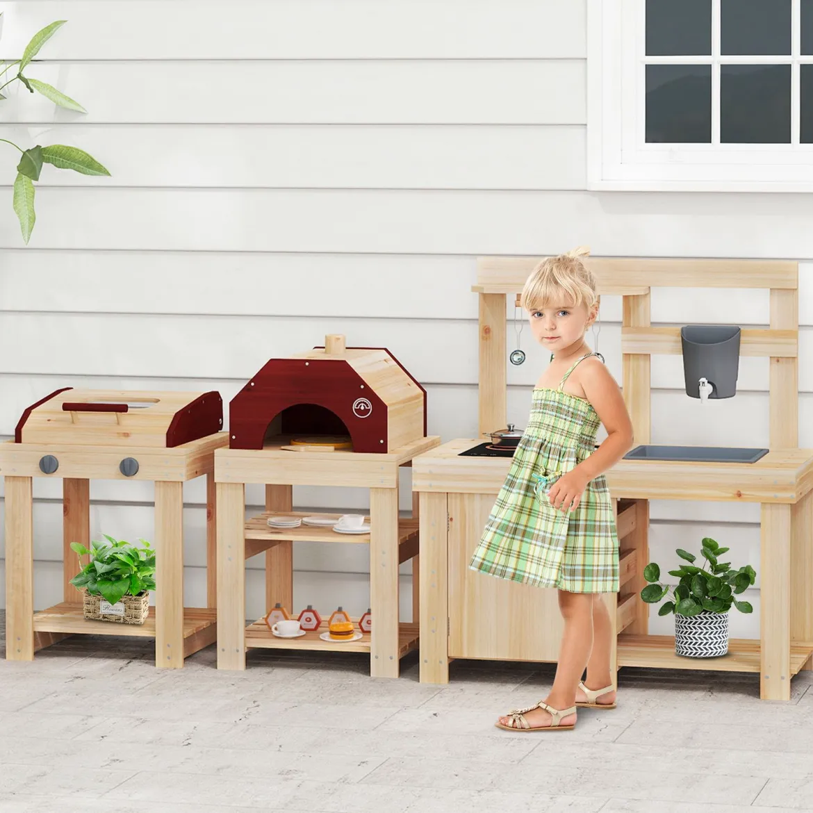 3-teiliges Outdoor-Küchenset Matschküche aus Holz BBQ-Grill und Pizzaofen mit Wasserkasten