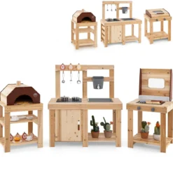 3-teiliges Outdoor-Küchenset Matschküche aus Holz BBQ-Grill und Pizzaofen mit Wasserkasten