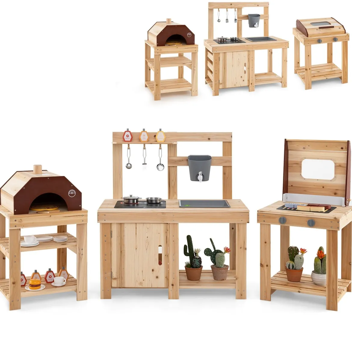 3-teiliges Outdoor-Küchenset Matschküche aus Holz BBQ-Grill und Pizzaofen mit Wasserkasten