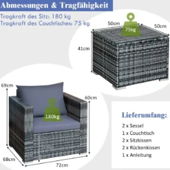 3-teiliges Outdoor Rattanmöbel-Set Polyrattan Set Rattanmöbel Garten Sitzgruppe Grau
