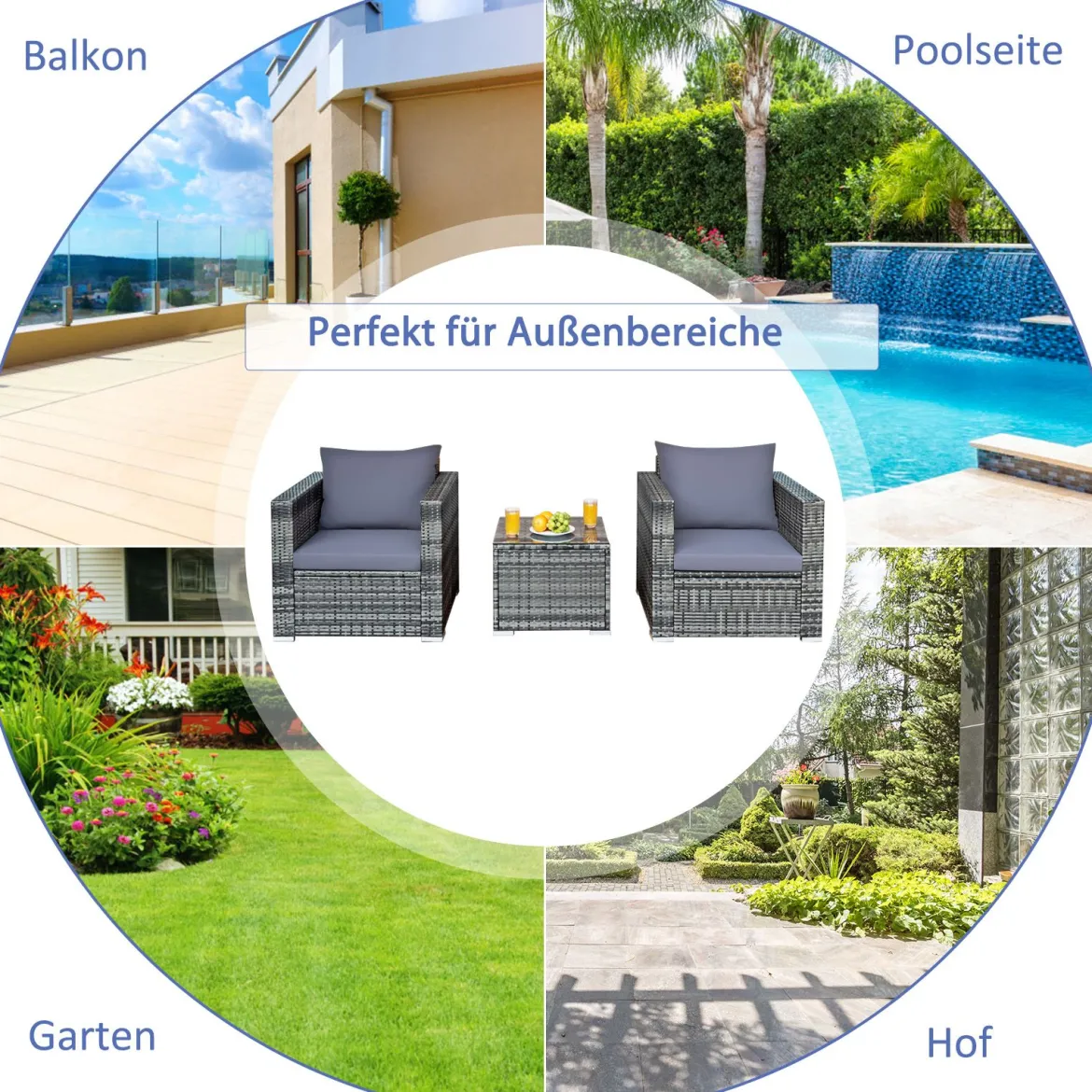 3-teiliges Outdoor Rattanmöbel-Set Polyrattan Set Rattanmöbel Garten Sitzgruppe Grau