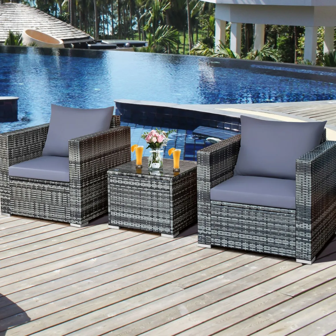 3-teiliges Outdoor Rattanmöbel-Set Polyrattan Set Rattanmöbel Garten Sitzgruppe Grau