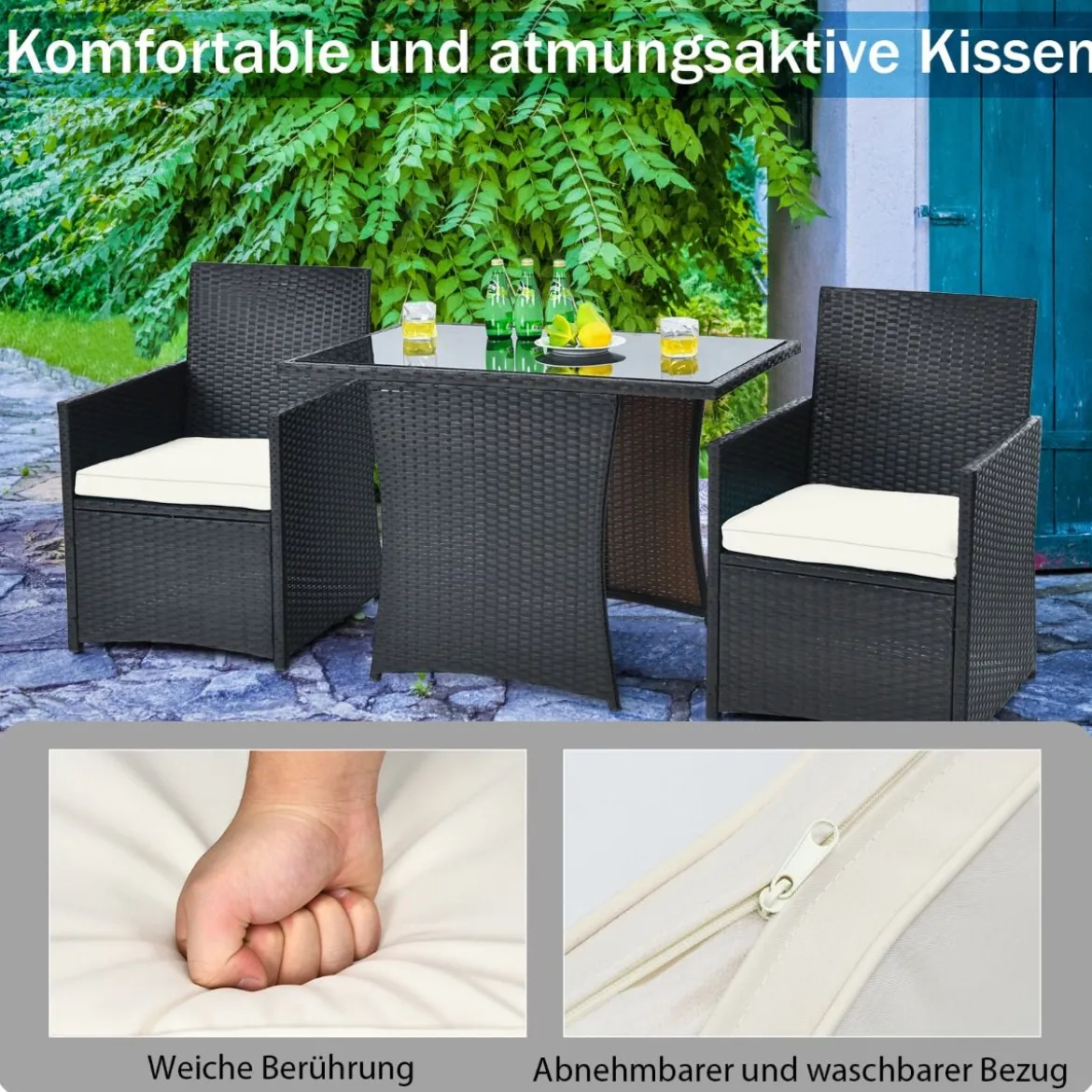 3-teiliges Patio Ess-Set Platzsparendes PE-Rattan Bistro Set mit Tischplatte