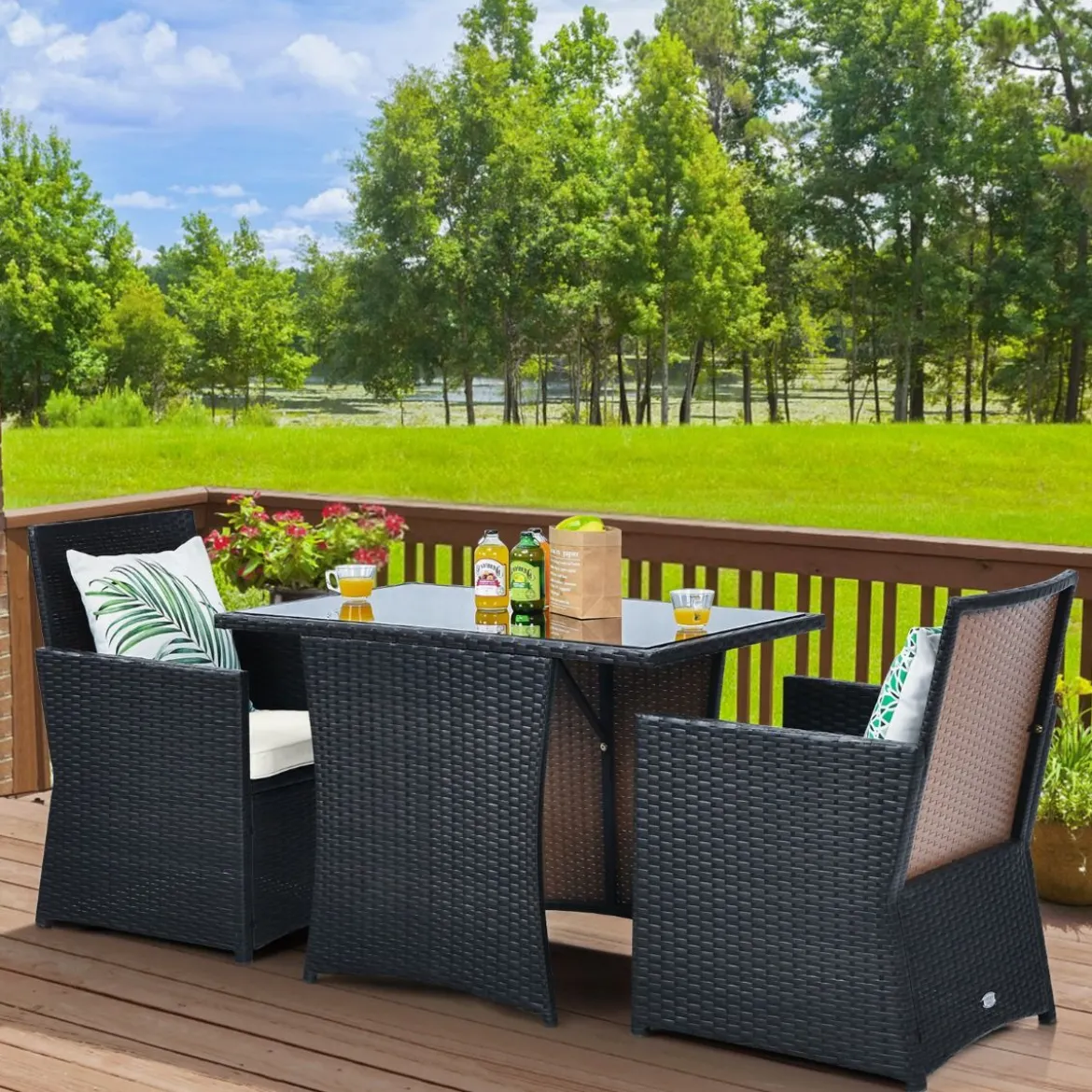 3-teiliges Patio Ess-Set Platzsparendes PE-Rattan Bistro Set mit Tischplatte