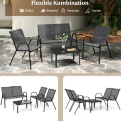 4-teiliges Patio Metallstuhl-Set Modernes Stuhlund Tisch-Set mit Stoffbezug Tischplatte aus gehärtetem Glas Schwarz/Braun/Grau/Blau