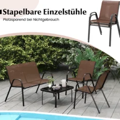 4-teiliges Patio Metallstuhl-Set Modernes Stuhlund Tisch-Set mit Stoffbezug Tischplatte aus gehärtetem Glas Schwarz/Braun/Grau/Blau
