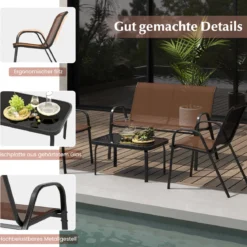 4-teiliges Patio Metallstuhl-Set Modernes Stuhlund Tisch-Set mit Stoffbezug Tischplatte aus gehärtetem Glas Schwarz/Braun/Grau/Blau