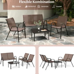 4-teiliges Patio Metallstuhl-Set Modernes Stuhlund Tisch-Set mit Stoffbezug Tischplatte aus gehärtetem Glas Schwarz/Braun/Grau/Blau