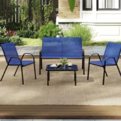 4-teiliges Patio Metallstuhl-Set Modernes Stuhlund Tisch-Set mit Stoffbezug Tischplatte aus gehärtetem Glas Schwarz/Braun/Grau/Blau