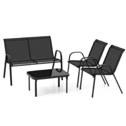 4-teiliges Patio Metallstuhl-Set Modernes Stuhlund Tisch-Set mit Stoffbezug Tischplatte aus gehärtetem Glas Schwarz/Braun/Grau/Blau