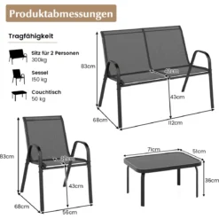 4-teiliges Patio Metallstuhl-Set Modernes Stuhlund Tisch-Set mit Stoffbezug Tischplatte aus gehärtetem Glas Schwarz/Braun/Grau/Blau