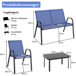 4-teiliges Patio Metallstuhl-Set Modernes Stuhlund Tisch-Set mit Stoffbezug Tischplatte aus gehärtetem Glas Schwarz/Braun/Grau/Blau