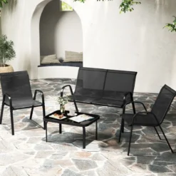 4-teiliges Patio Metallstuhl-Set Modernes Stuhlund Tisch-Set mit Stoffbezug Tischplatte aus gehärtetem Glas Schwarz/Braun/Grau/Blau