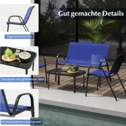 4-teiliges Patio Metallstuhl-Set Modernes Stuhlund Tisch-Set mit Stoffbezug Tischplatte aus gehärtetem Glas Schwarz/Braun/Grau/Blau