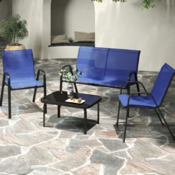 4-teiliges Patio Metallstuhl-Set Modernes Stuhlund Tisch-Set mit Stoffbezug Tischplatte aus gehärtetem Glas Schwarz/Braun/Grau/Blau