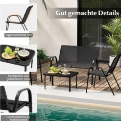 4-teiliges Patio Metallstuhl-Set Modernes Stuhlund Tisch-Set mit Stoffbezug Tischplatte aus gehärtetem Glas Schwarz/Braun/Grau/Blau
