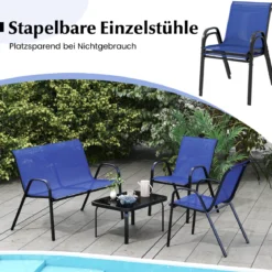 4-teiliges Patio Metallstuhl-Set Modernes Stuhlund Tisch-Set mit Stoffbezug Tischplatte aus gehärtetem Glas Schwarz/Braun/Grau/Blau