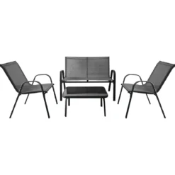 4-teiliges Patio Metallstuhl-Set Modernes Stuhlund Tisch-Set mit Stoffbezug Tischplatte aus gehärtetem Glas Schwarz/Braun/Grau/Blau