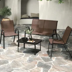 4-teiliges Patio Metallstuhl-Set Modernes Stuhlund Tisch-Set mit Stoffbezug Tischplatte aus gehärtetem Glas Schwarz/Braun/Grau/Blau