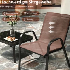 4-teiliges Patio Metallstuhl-Set Modernes Stuhlund Tisch-Set mit Stoffbezug Tischplatte aus gehärtetem Glas Schwarz/Braun/Grau/Blau