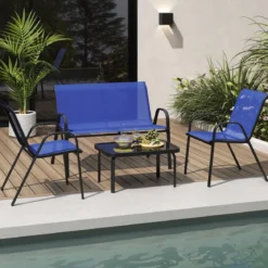 4-teiliges Patio Metallstuhl-Set Modernes Stuhlund Tisch-Set mit Stoffbezug Tischplatte aus gehärtetem Glas Schwarz/Braun/Grau/Blau