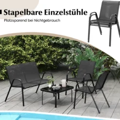 4-teiliges Patio Metallstuhl-Set Modernes Stuhlund Tisch-Set mit Stoffbezug Tischplatte aus gehärtetem Glas Schwarz/Braun/Grau/Blau