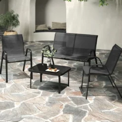 4-teiliges Patio Metallstuhl-Set Modernes Stuhlund Tisch-Set mit Stoffbezug Tischplatte aus gehärtetem Glas Schwarz/Braun/Grau/Blau