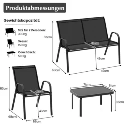 4-teiliges Patio Metallstuhl-Set Modernes Stuhlund Tisch-Set mit Stoffbezug Tischplatte aus gehärtetem Glas Schwarz/Braun/Grau/Blau