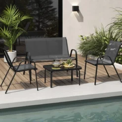 4-teiliges Patio Metallstuhl-Set Modernes Stuhlund Tisch-Set mit Stoffbezug Tischplatte aus gehärtetem Glas Schwarz/Braun/Grau/Blau