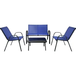 4-teiliges Patio Metallstuhl-Set Modernes Stuhlund Tisch-Set mit Stoffbezug Tischplatte aus gehärtetem Glas Schwarz/Braun/Grau/Blau