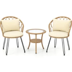 3-teiliges PE Rattan Bistro-Set für die Terrasse Outdoor-Set mit Kissen und 2-stöckigem Tisch Beige