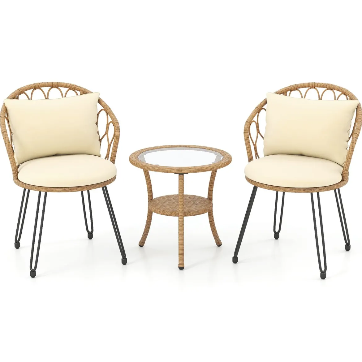 3-teiliges PE Rattan Bistro-Set für die Terrasse Outdoor-Set mit Kissen und 2-stöckigem Tisch Beige